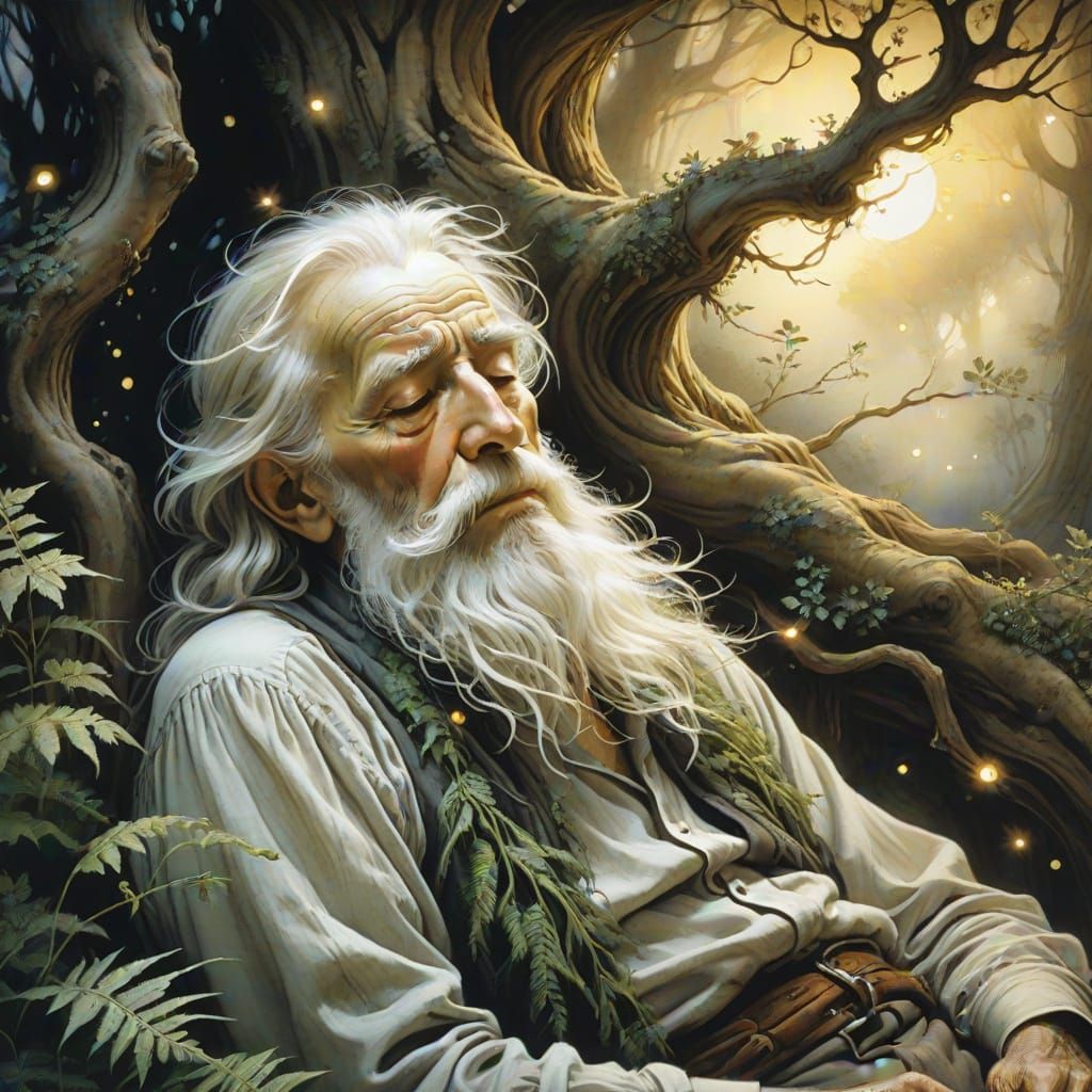 Vintage Lithograph of Sleeping Old Man in Fairy Tale Style