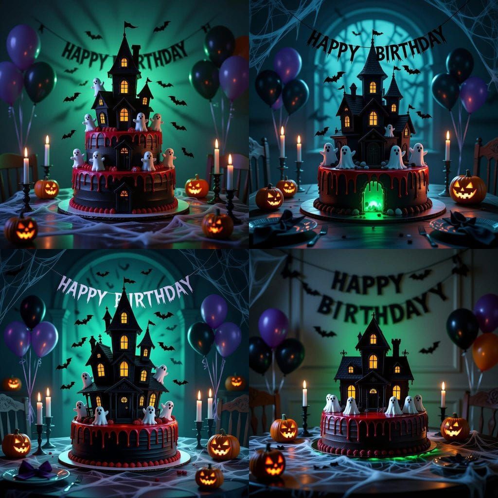 Eerie Haunted Mansion Birthday Cake with Ghost Decorations