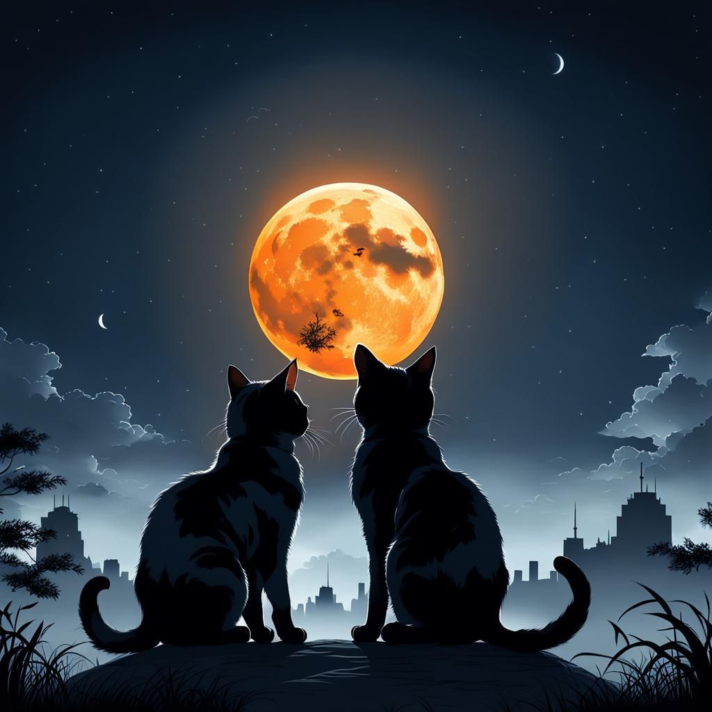 Cats Silhouettes Under Giant Orange Moon in Anime Style