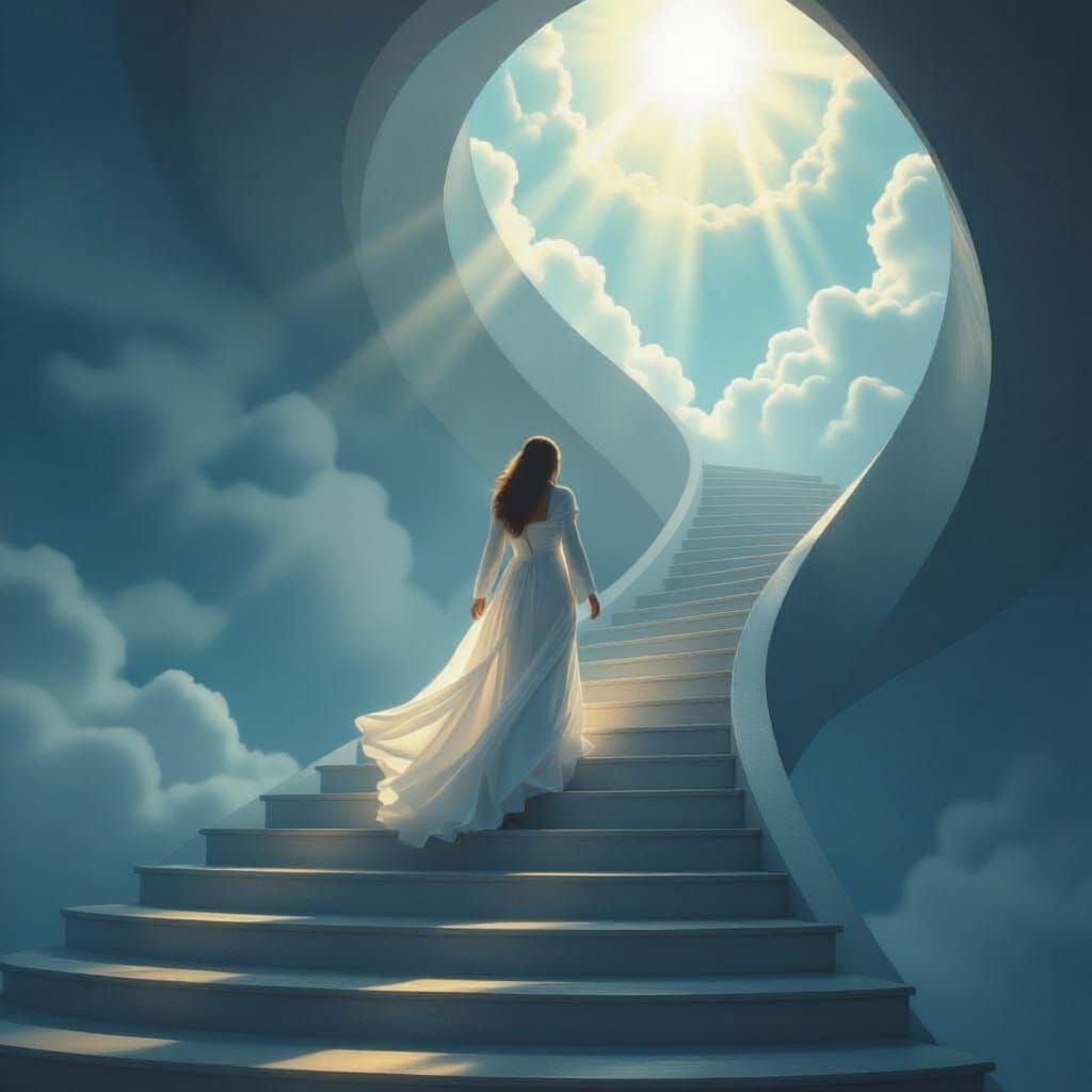 Angel Ascends Heaven's Stairs in Escher-Inspired Art