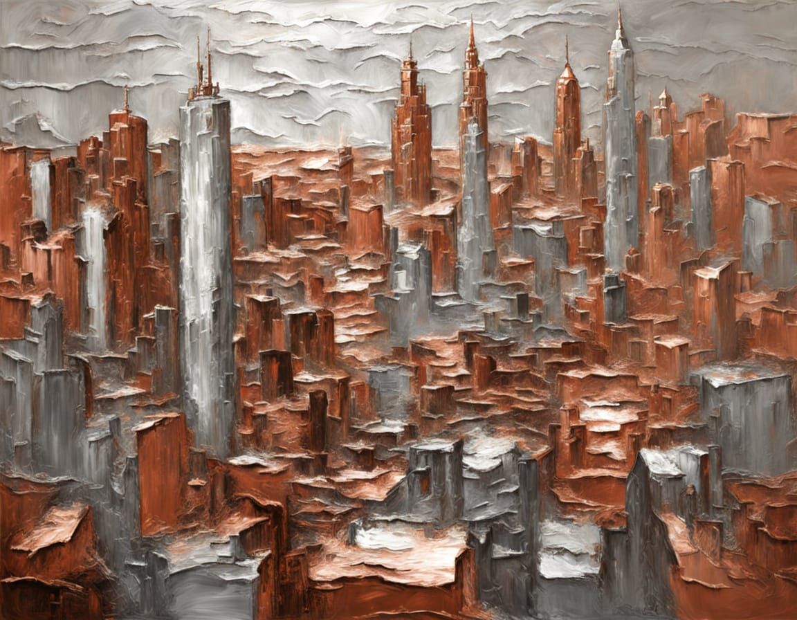 Copper and Silver Cityscape Impasto Painting