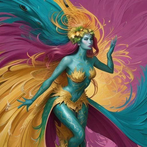 Dragon Peacock Woman in Abstract Expressionist Style