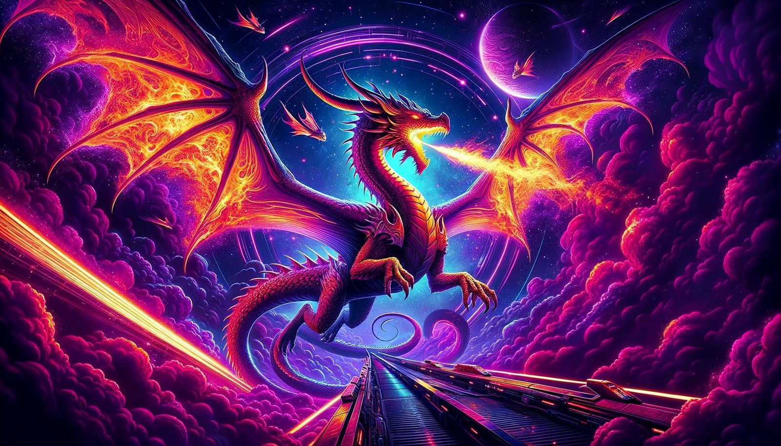 Fiery Dragon's Space Voyage with Neon Aura
