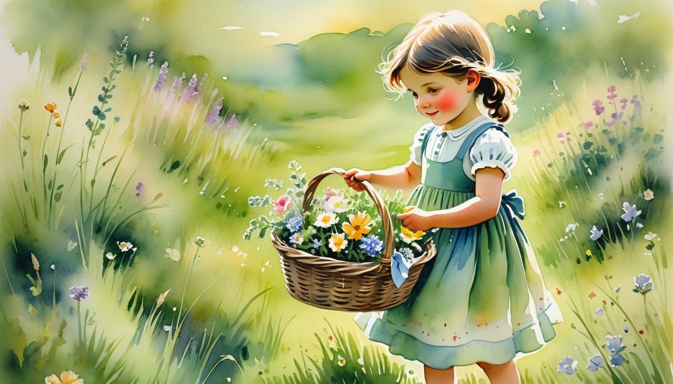 Little Girl in Meadow: Whimsical Watercolour Painting