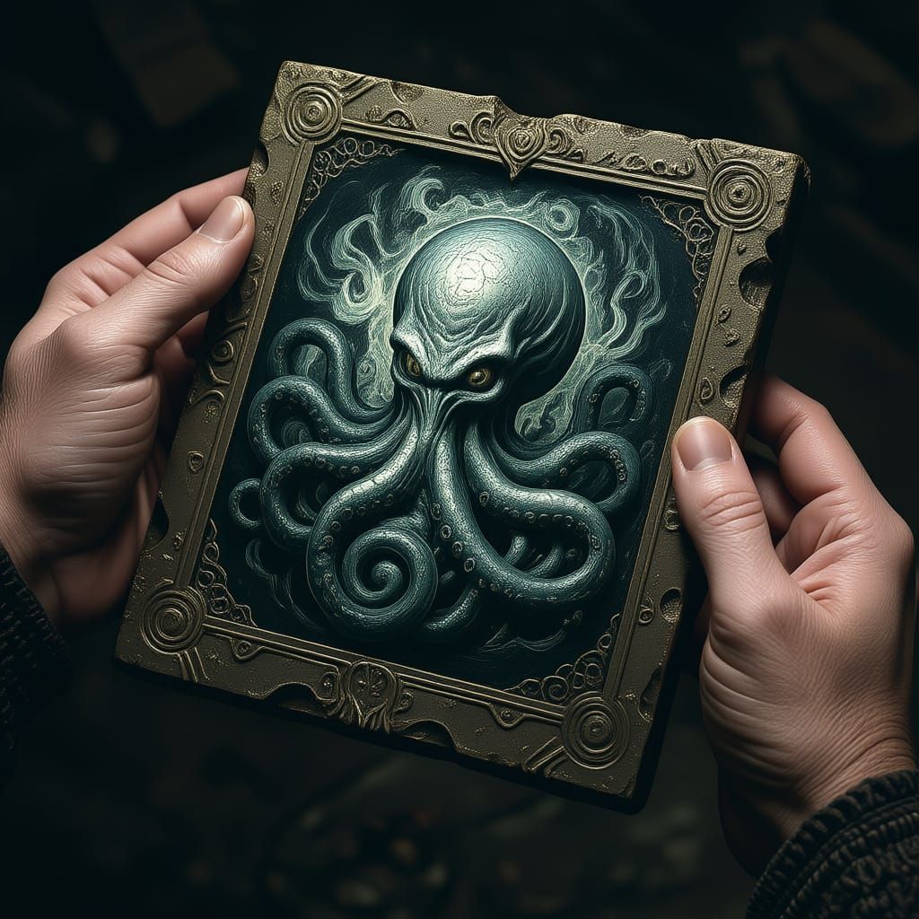 Hands Hold Cthulhu Tablet in Horror Style