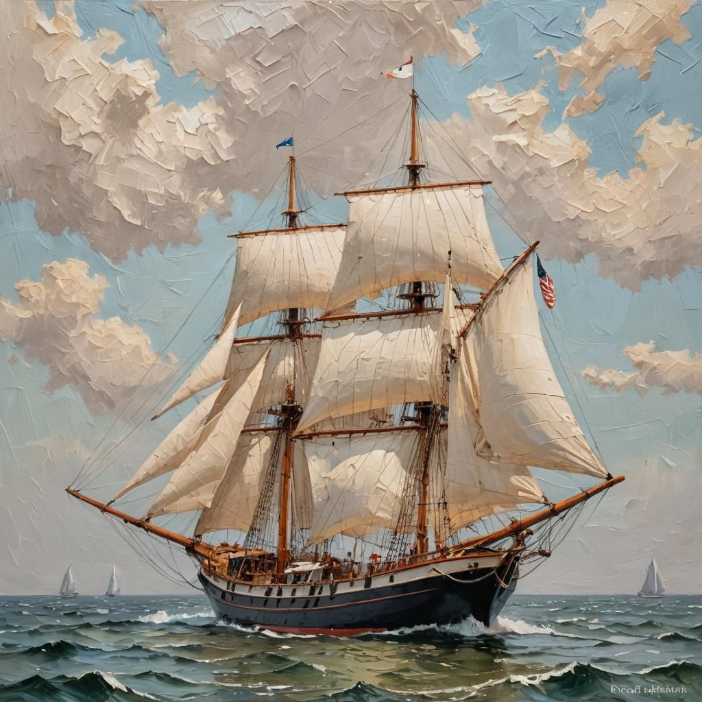 Schooner Painting with Impasto Brushstrokes