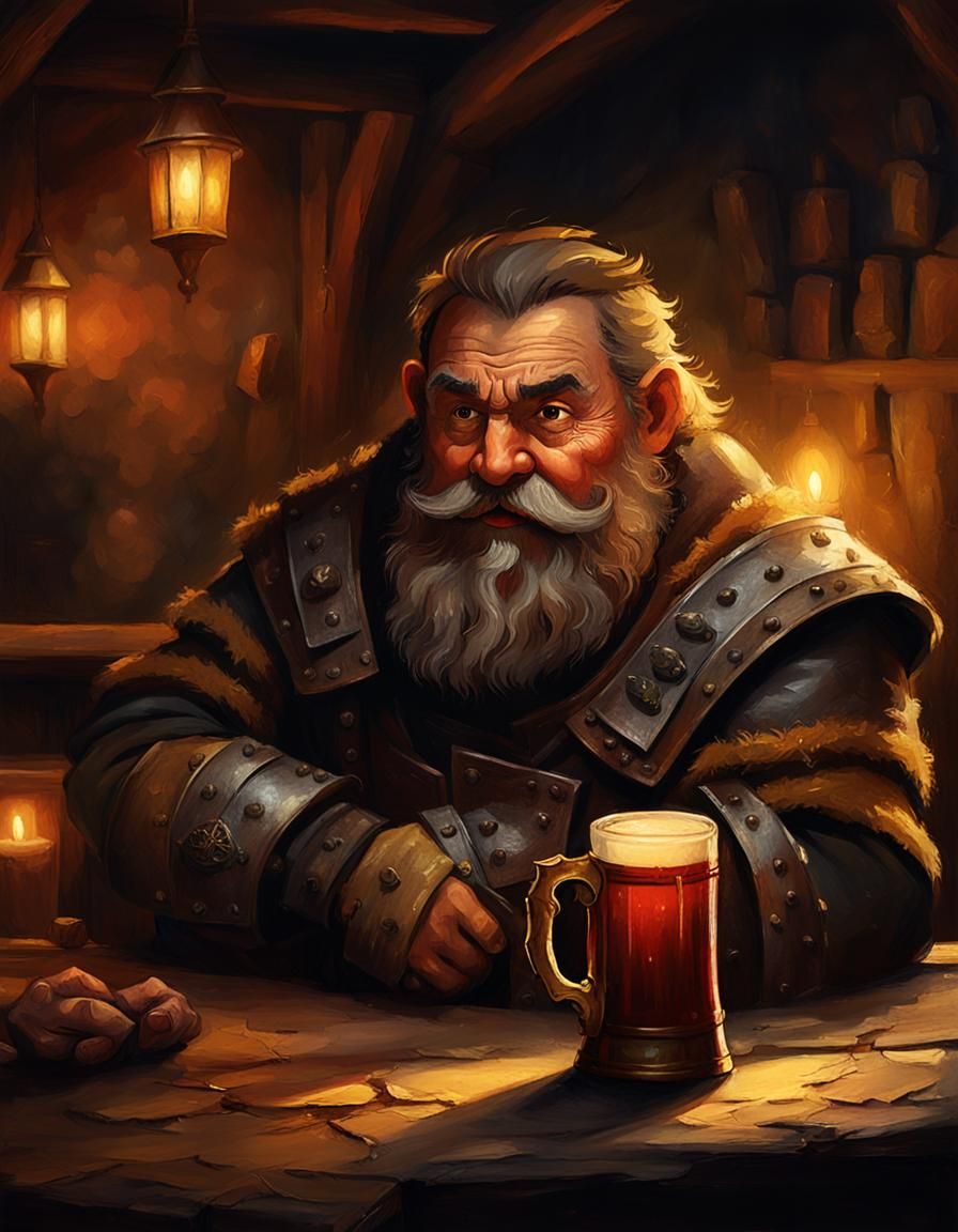 Dwarf in Tavern: Sfumato Oil Painting