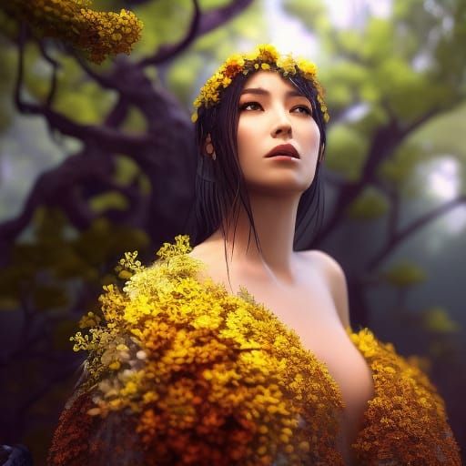 Surreal Portrait: Woman of Trees, Flowers, and Clouds
