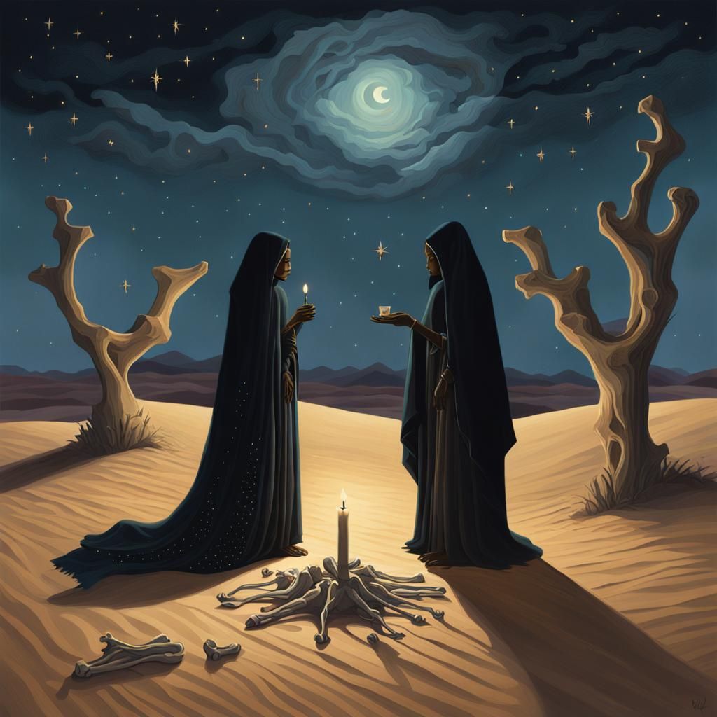 Surreal Night Desert Landscape with Veiled Women