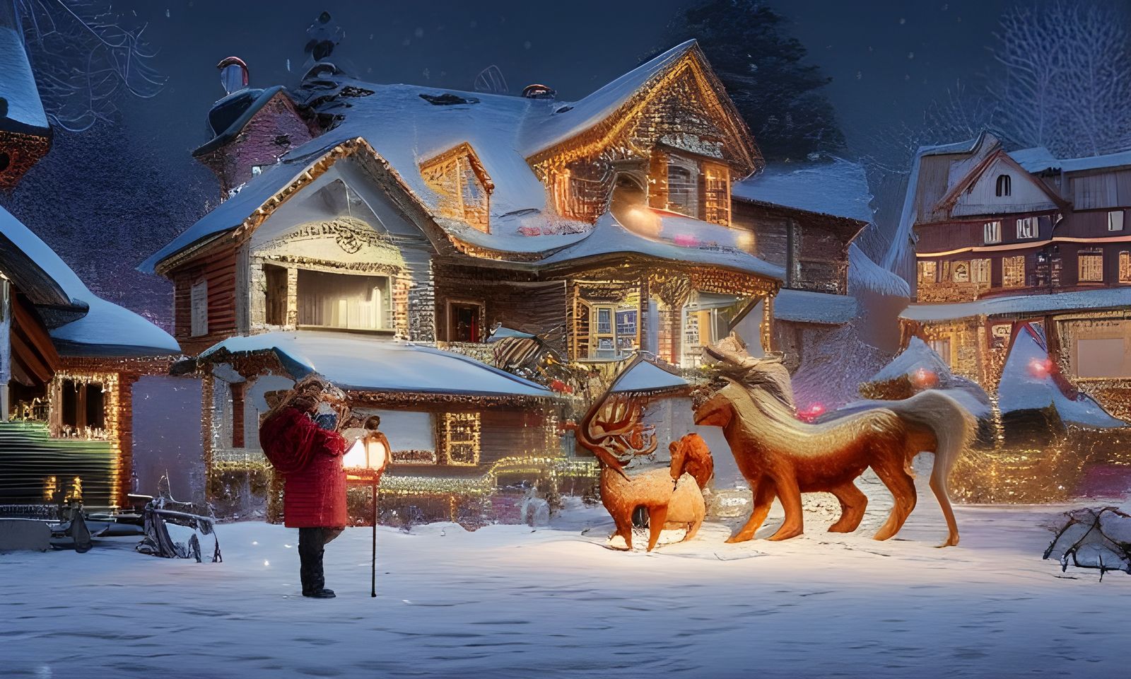 Christmas Creatures in Snowy Village: Digital Art Compilatio...