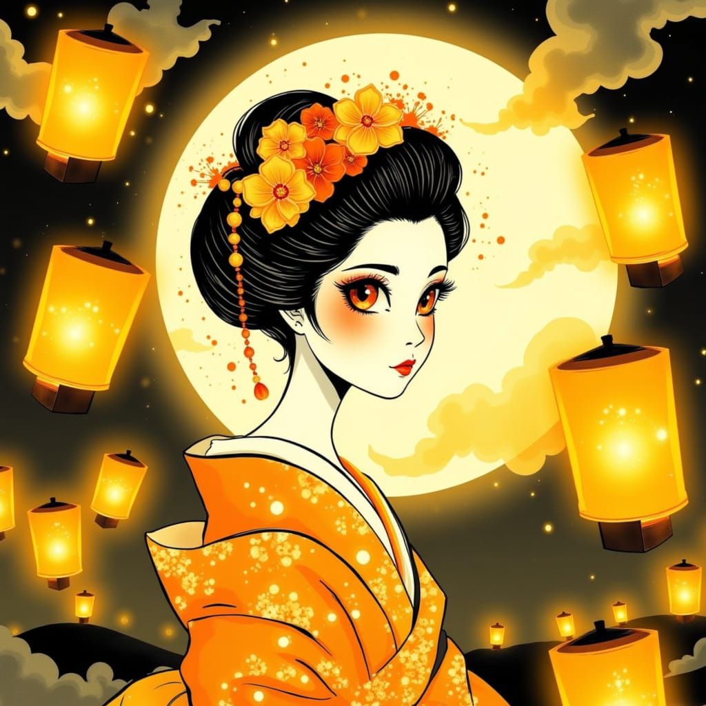 Ethereal Geisha in Golden Lantern Light