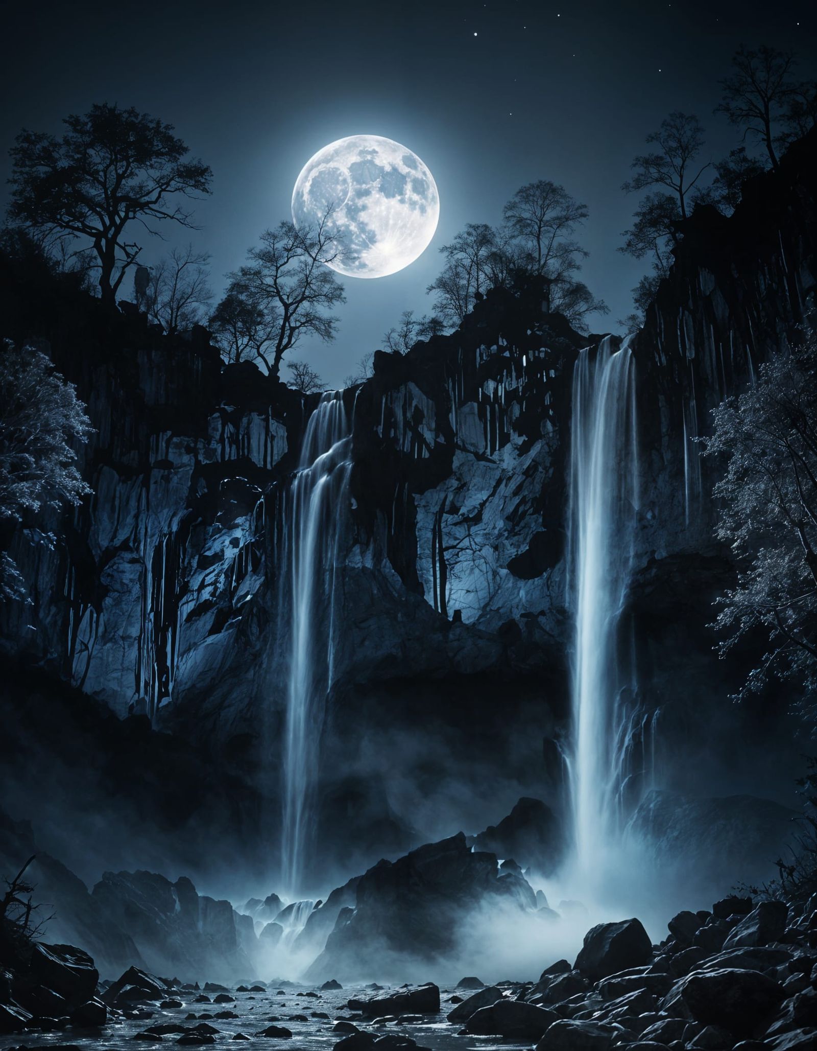 Monochromatic Blue Moonrise Over Mountain Waterfall