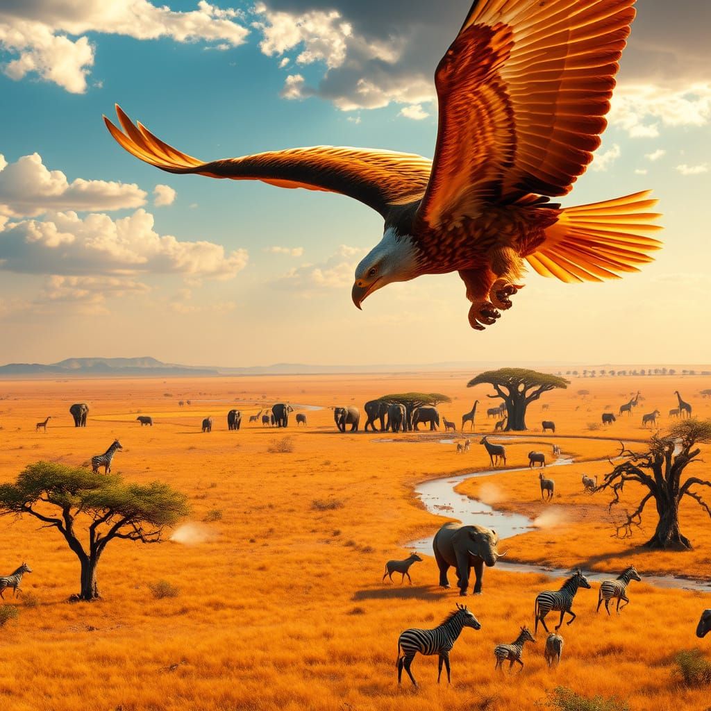 Majestic Eagle Soars Above Golden African Savannah in Stunni...
