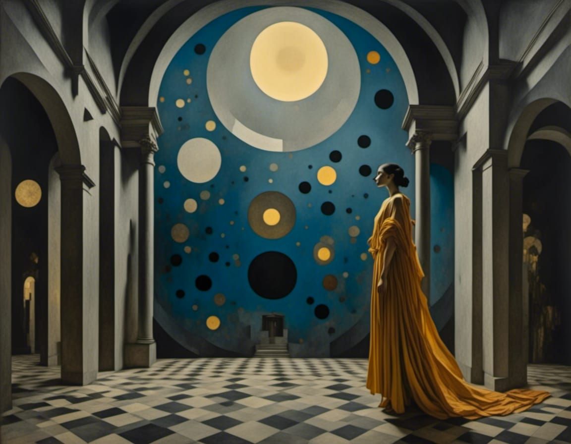 Surrealist Cathedral: Dancing Woman in Neo-Classical Style