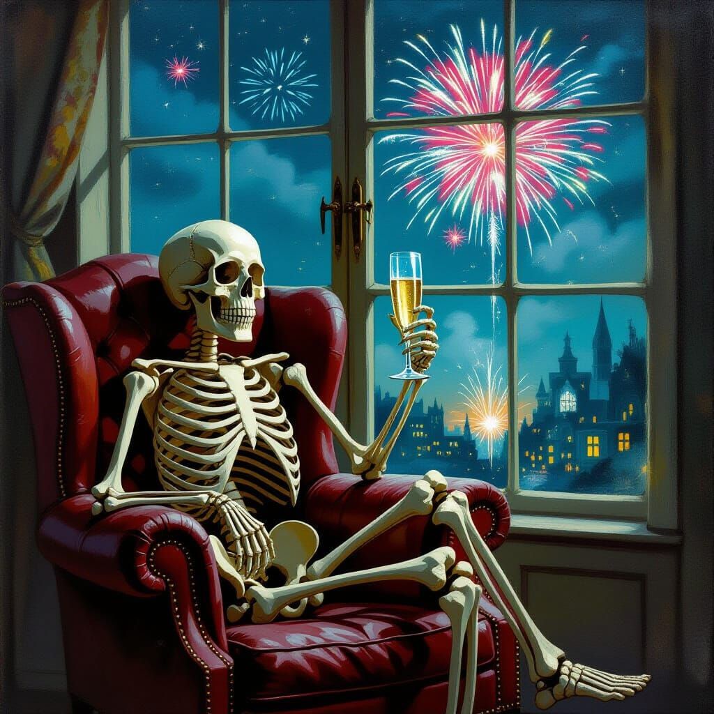 Skeleton Toasting Champagne on Old Horror Book Cover