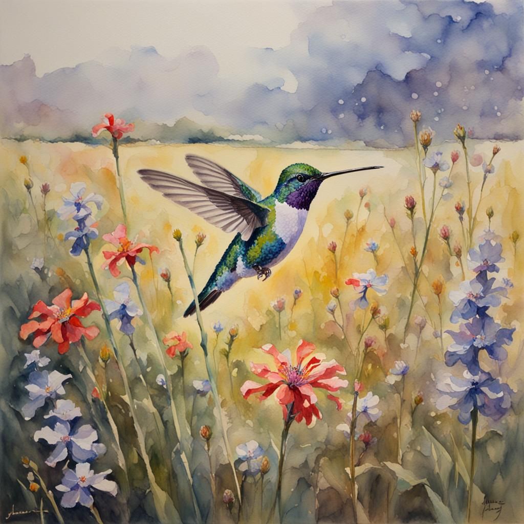 Crystal Hummingbird in Floral Field: Watercolour Painting