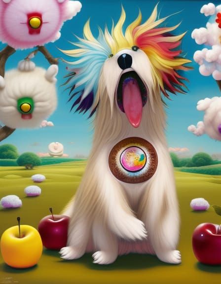 By  artist "Takashi Murakami"  by artist "Piper Thibodeau":: "floofy Apples and Mulberry floofy Golden Retriever Dog" ::...