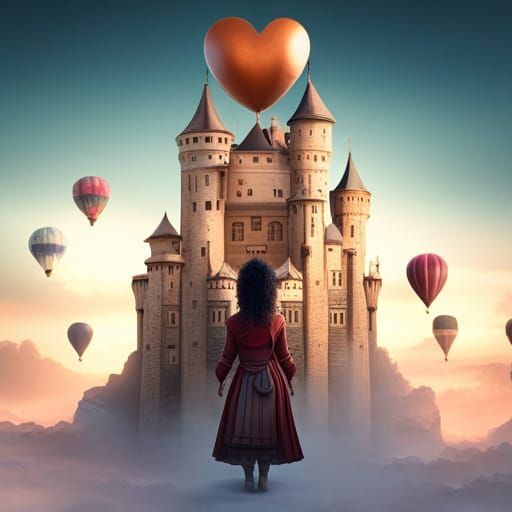 Girl on Cloud with Castle, Fantasy Concept Art