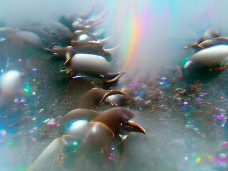 Surreal Penguin Sea with Rainbow Pearl Beaks