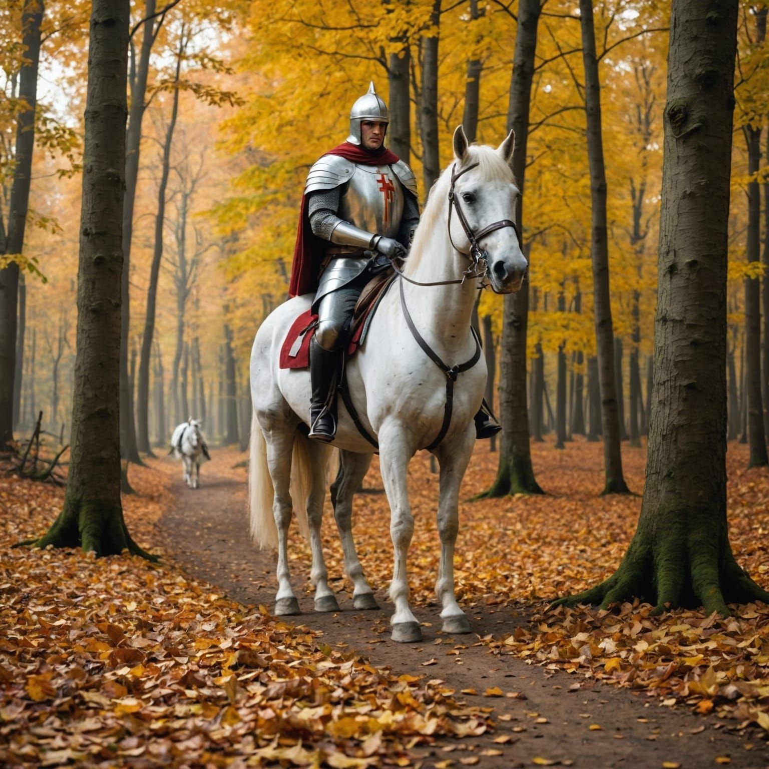 Templar Knight on White Horse in Autumn Forest
