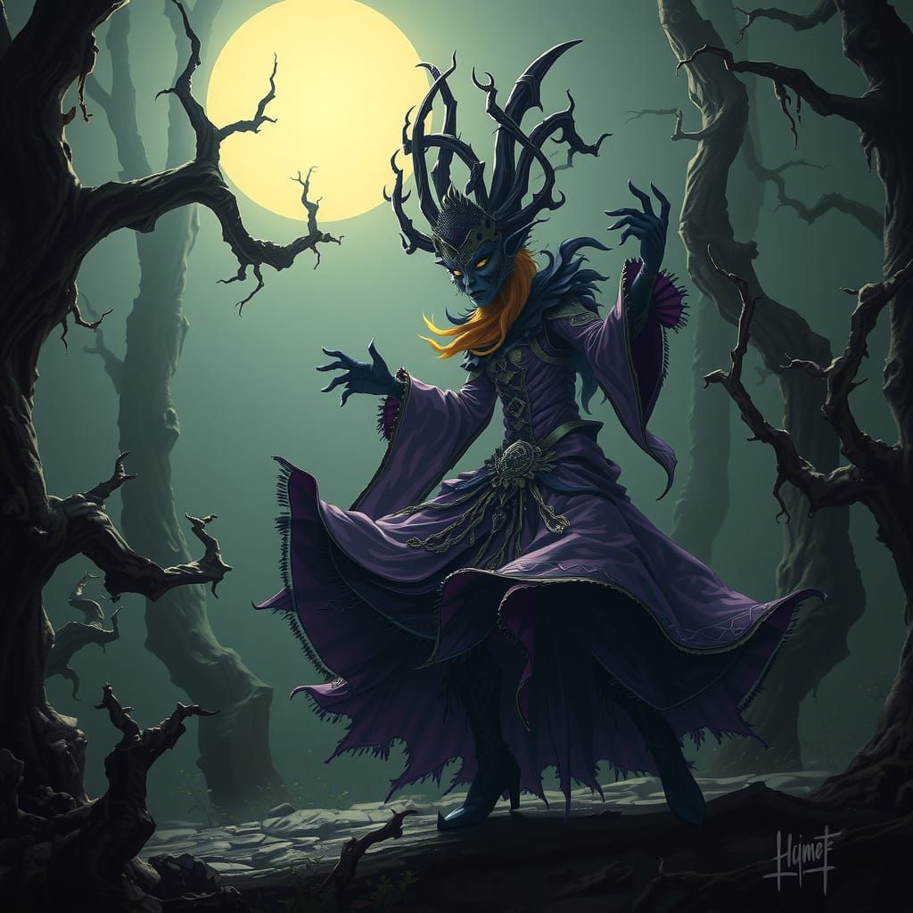 Tree Spirits Dance in Dark Forest, Dark Fantasy Art