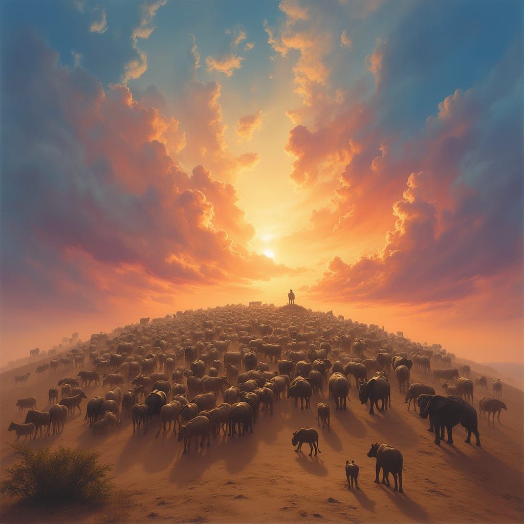 Diverse Animals Reverence at Sunset Desert Hill