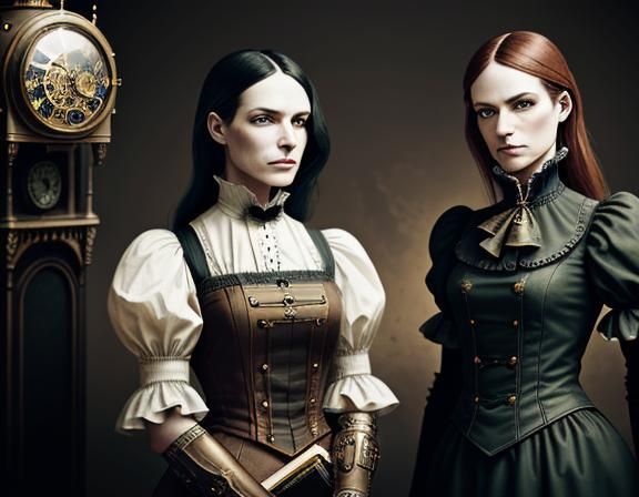 Steampunk Time Machine with Twin Sisters in Uniform