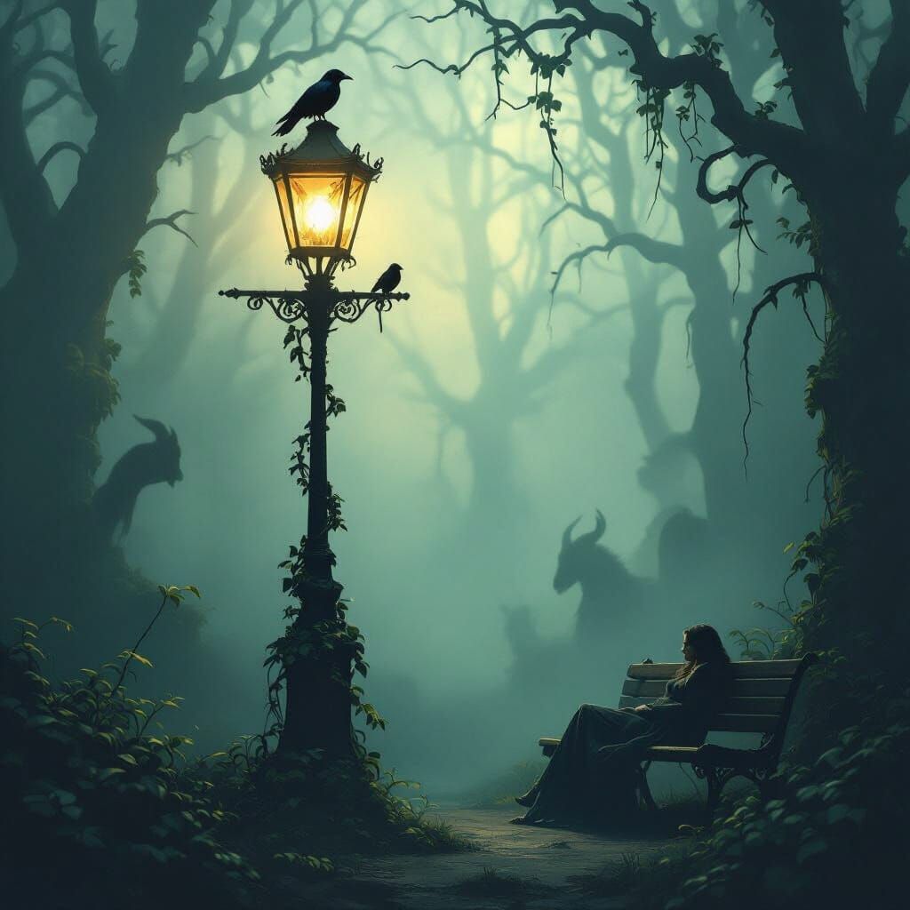 Ethereal Forest Lamppost with Sleeping Woman and Raven