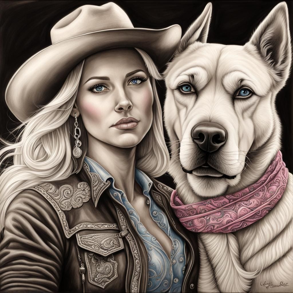 Hyperdetailed Charcoal Drawing: Cowboy, Cowgirl and Boxer