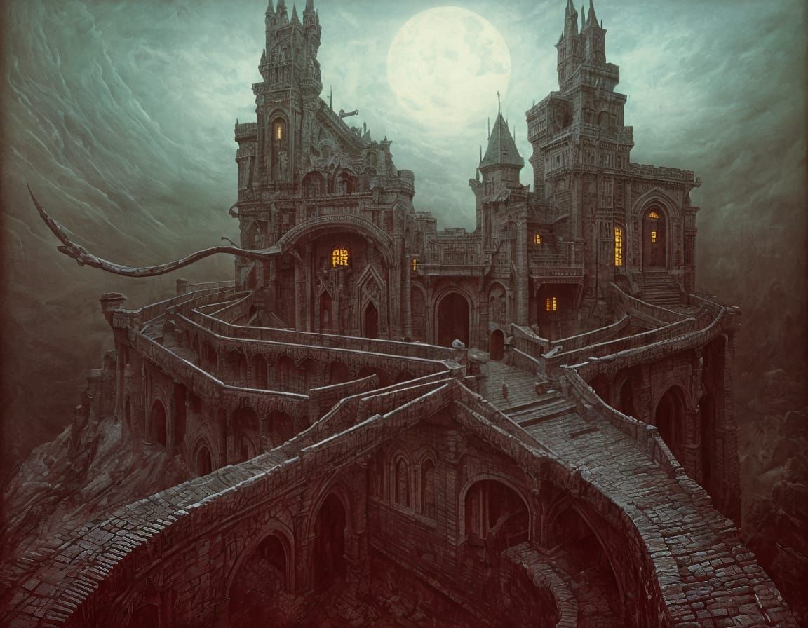 Surreal Castle with Drawbridges, Dreamlike Landscape