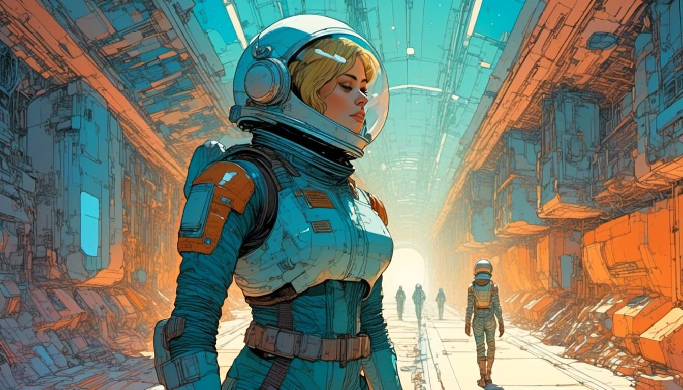 Armored Woman in Space Station, Syd Mead-Inspired