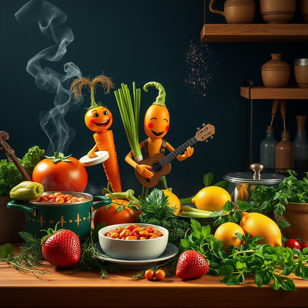 Vegetable Musicians in Kitchen Symphony, High-Fantasy Art