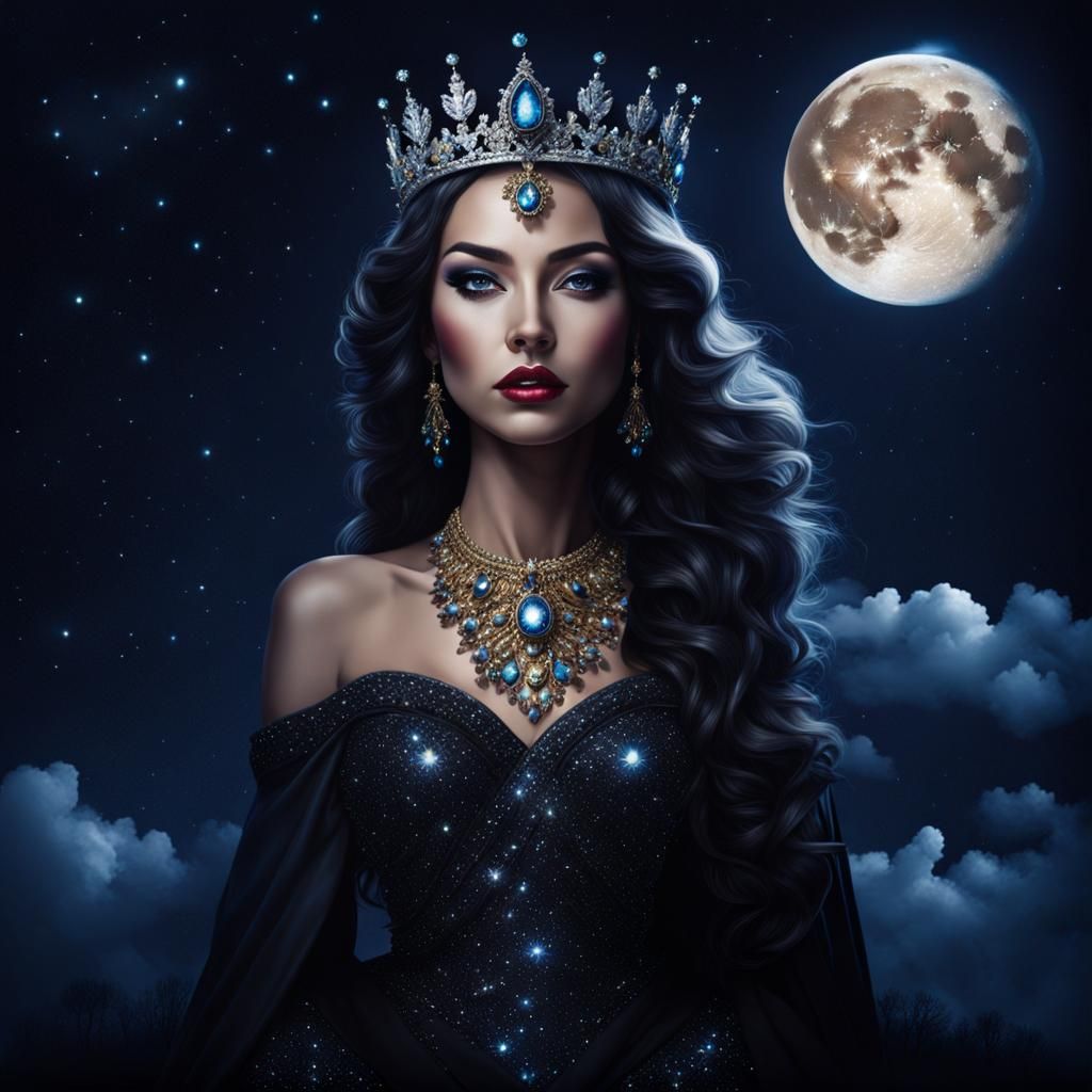 Night Queen on the Moon: Sparkling Fantasy Portrait