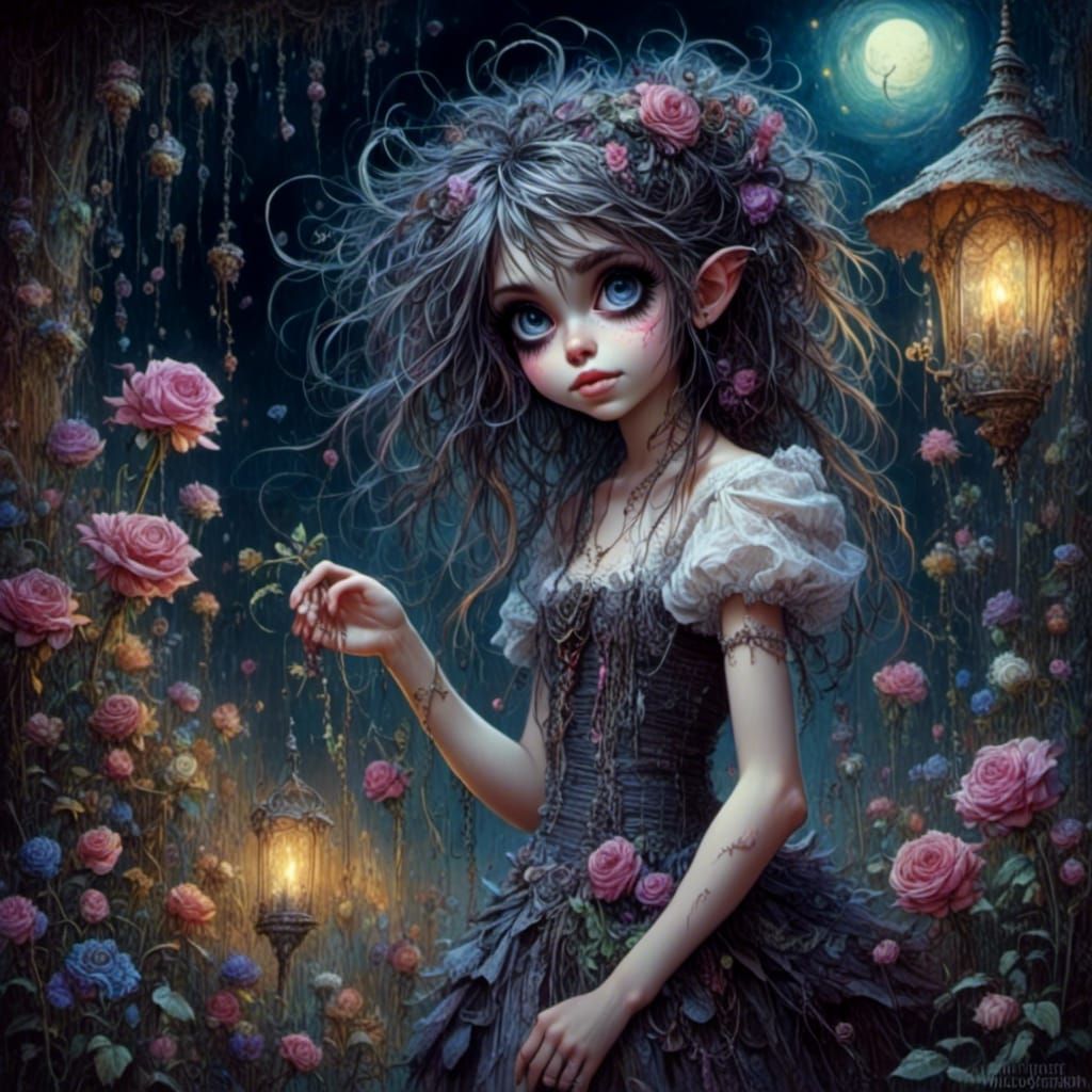 Shadowy Poltergeist in Garden Nightscape, Oil Painting