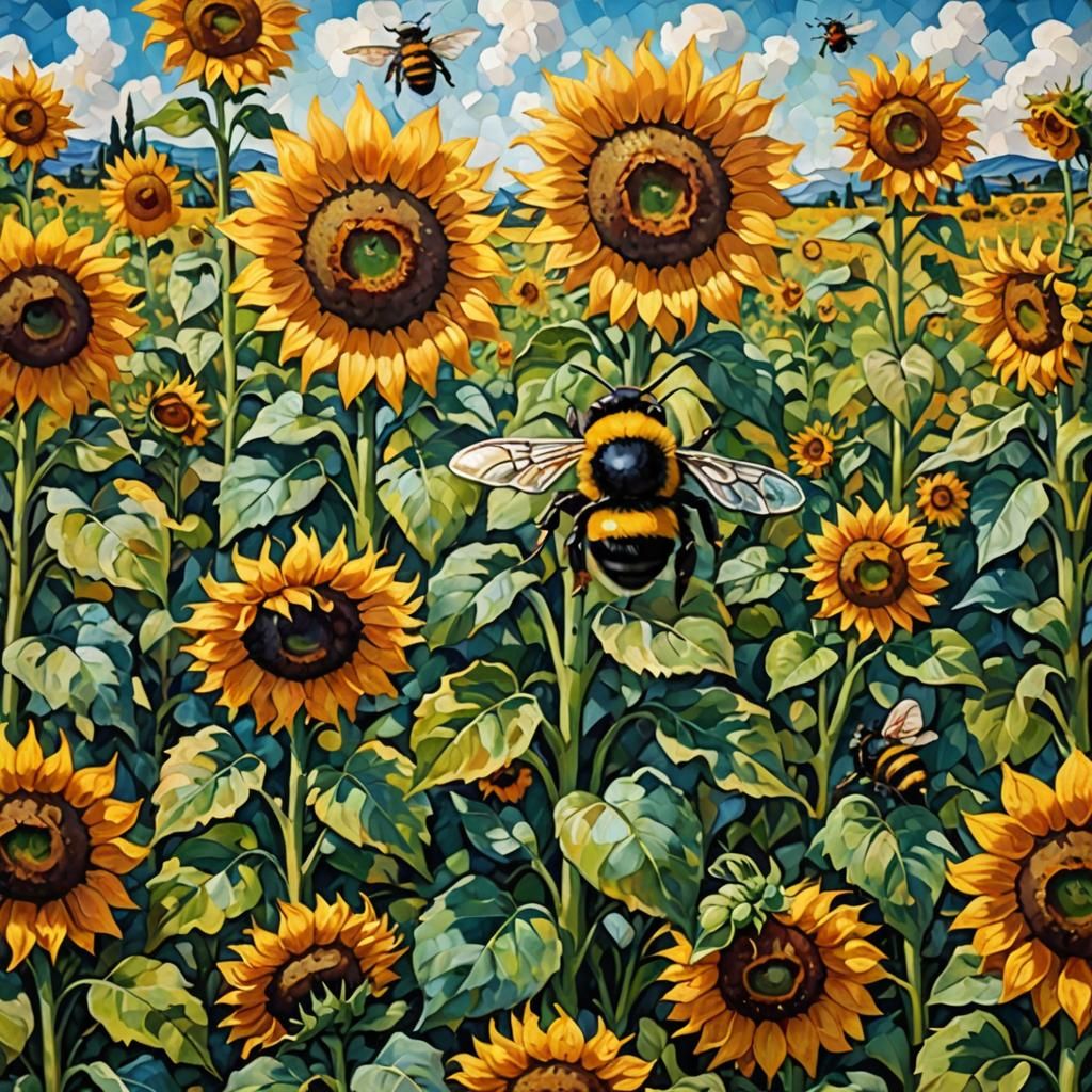 Bumblebee in Sunflower Field, Cézanne Style Oil Painting