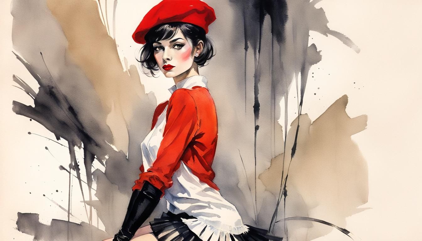 Exotic Showgirl in 1970s French Watercolor Style