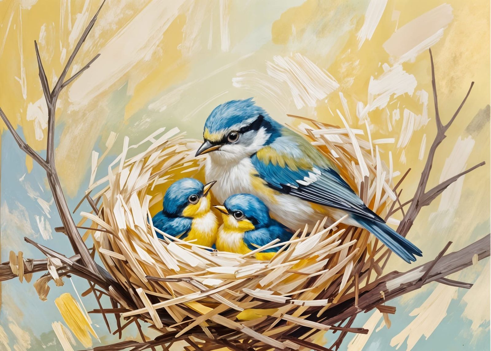 Pastel Oil Painting: Mother Bird Feeding Babies