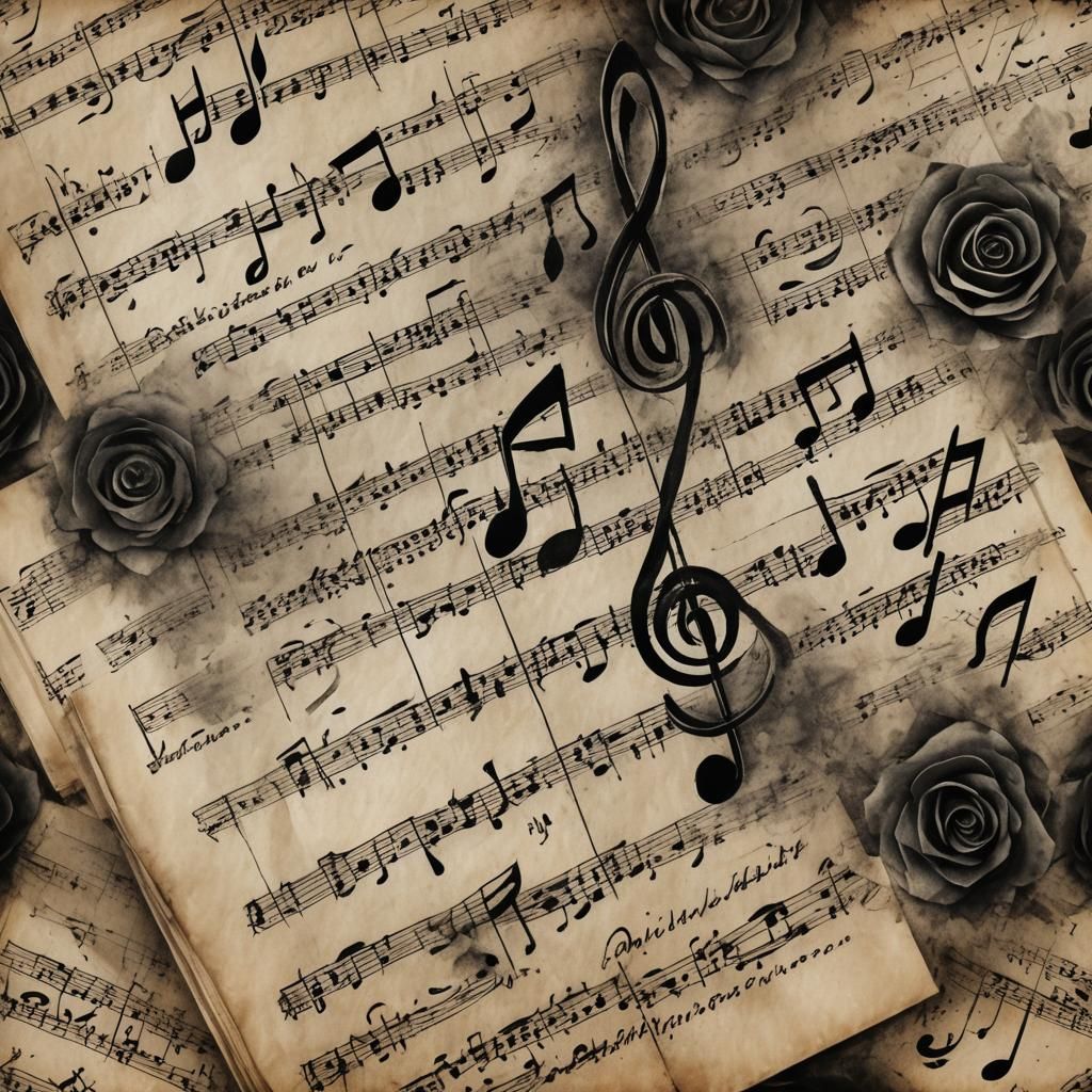 Dramatic Charcoal Drawing on Vintage Music Paper