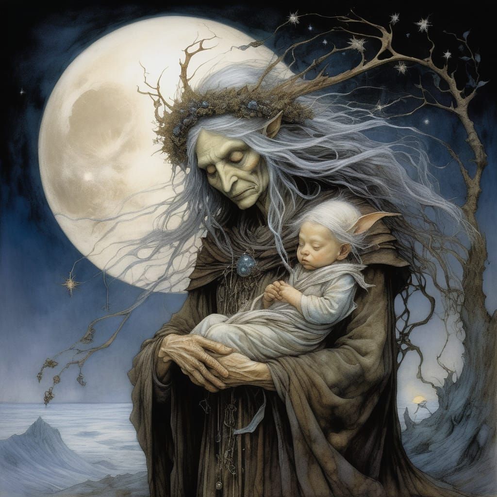 Mystical Crone and Infant Amidst Celestial Winter Solstice