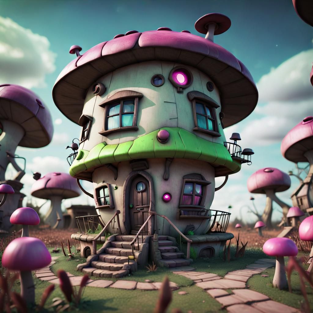 Mushroom House in Cartoon Style, Detailed Render
