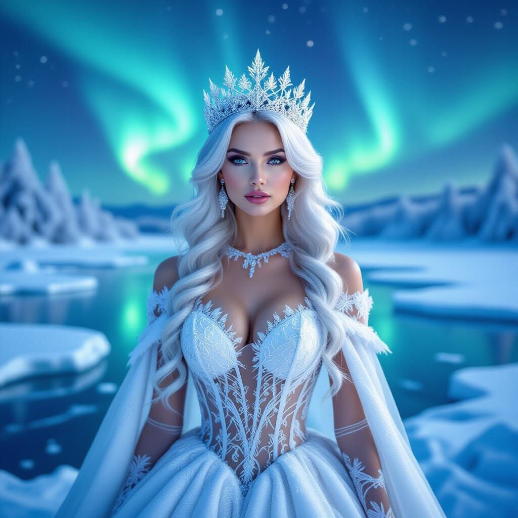 Ice Queen in Crystal Palace Under Aurora Borealis