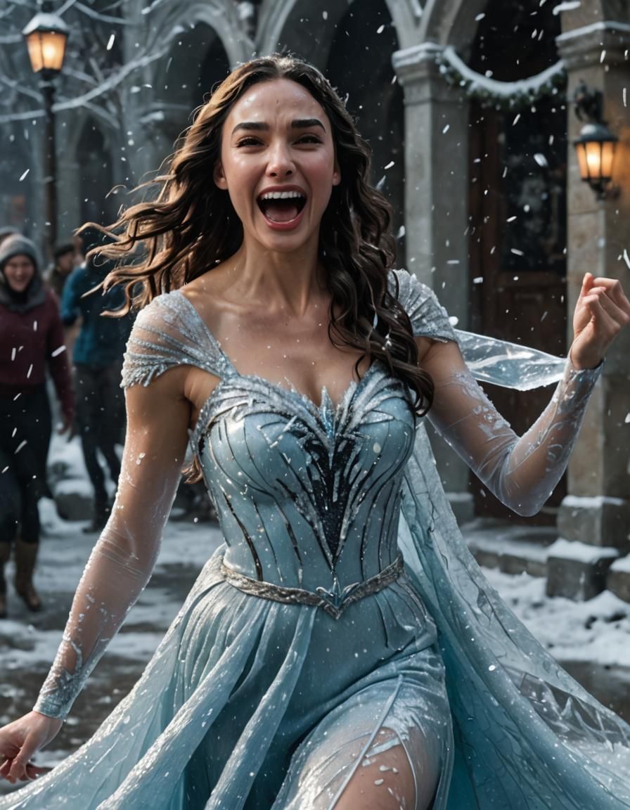 Gal Gadot as Elsa from Frozen, shown twirling around, dancing