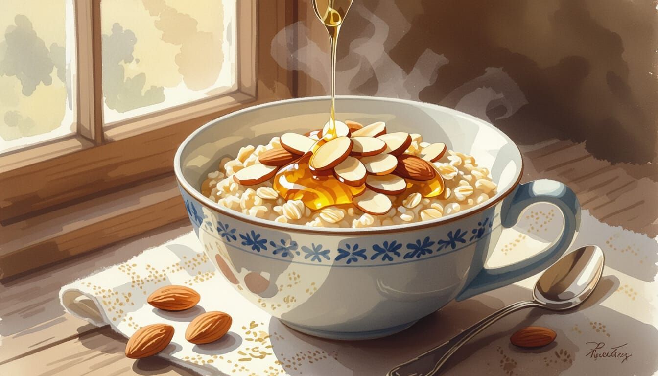 Oatmeal Bowl with Almonds in Watercolor Style