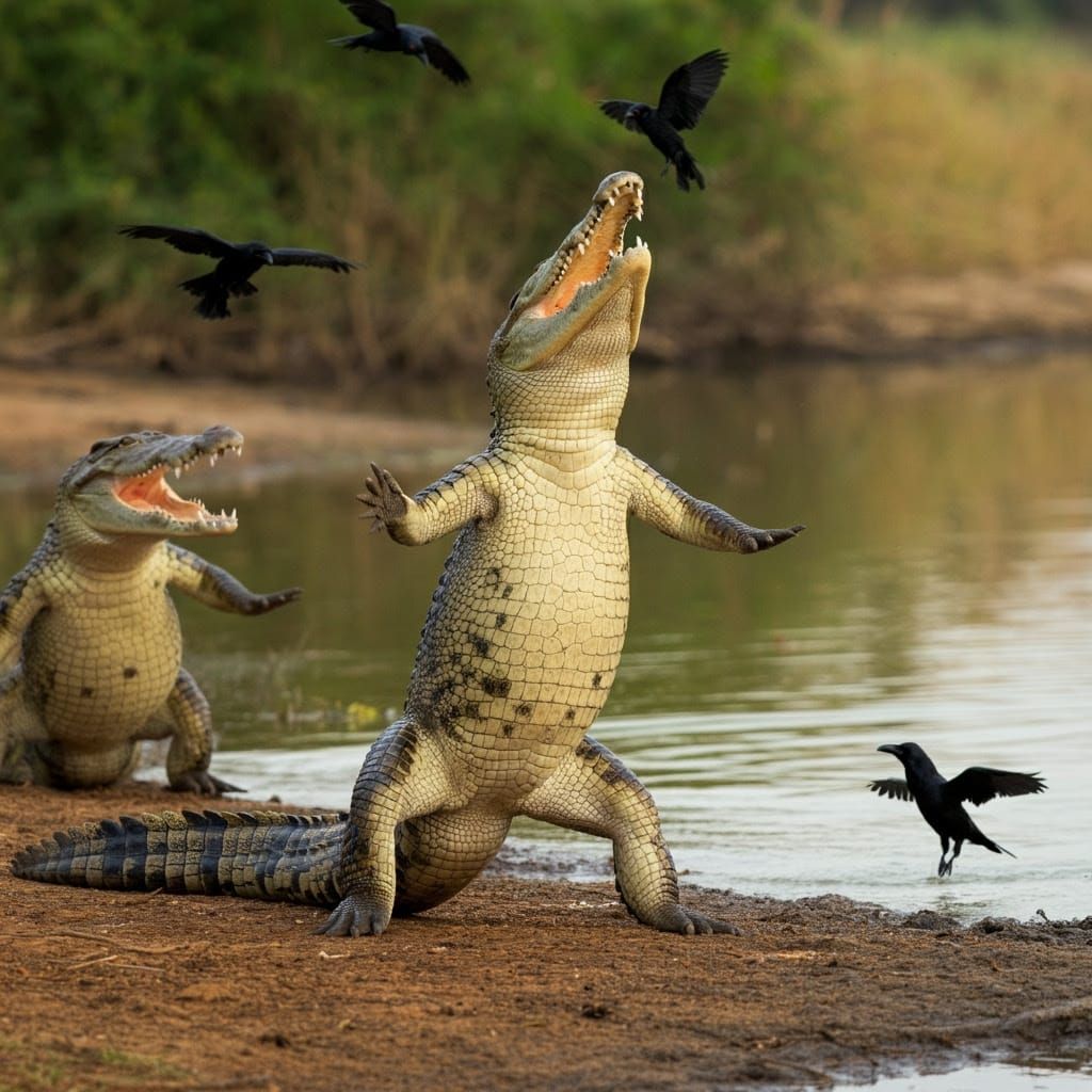 Crocodiles and crows having a big dance party outside near a river