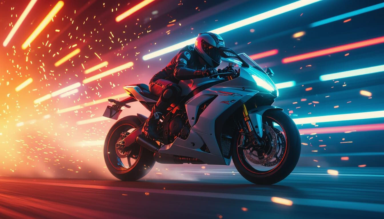 Motorcycle Rider Wheelie Stunt in Futuristic Style