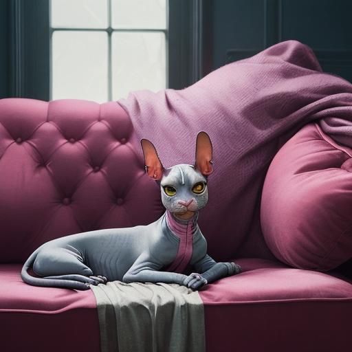 Regal Pink Sphynx Cat on Velvet Cushion