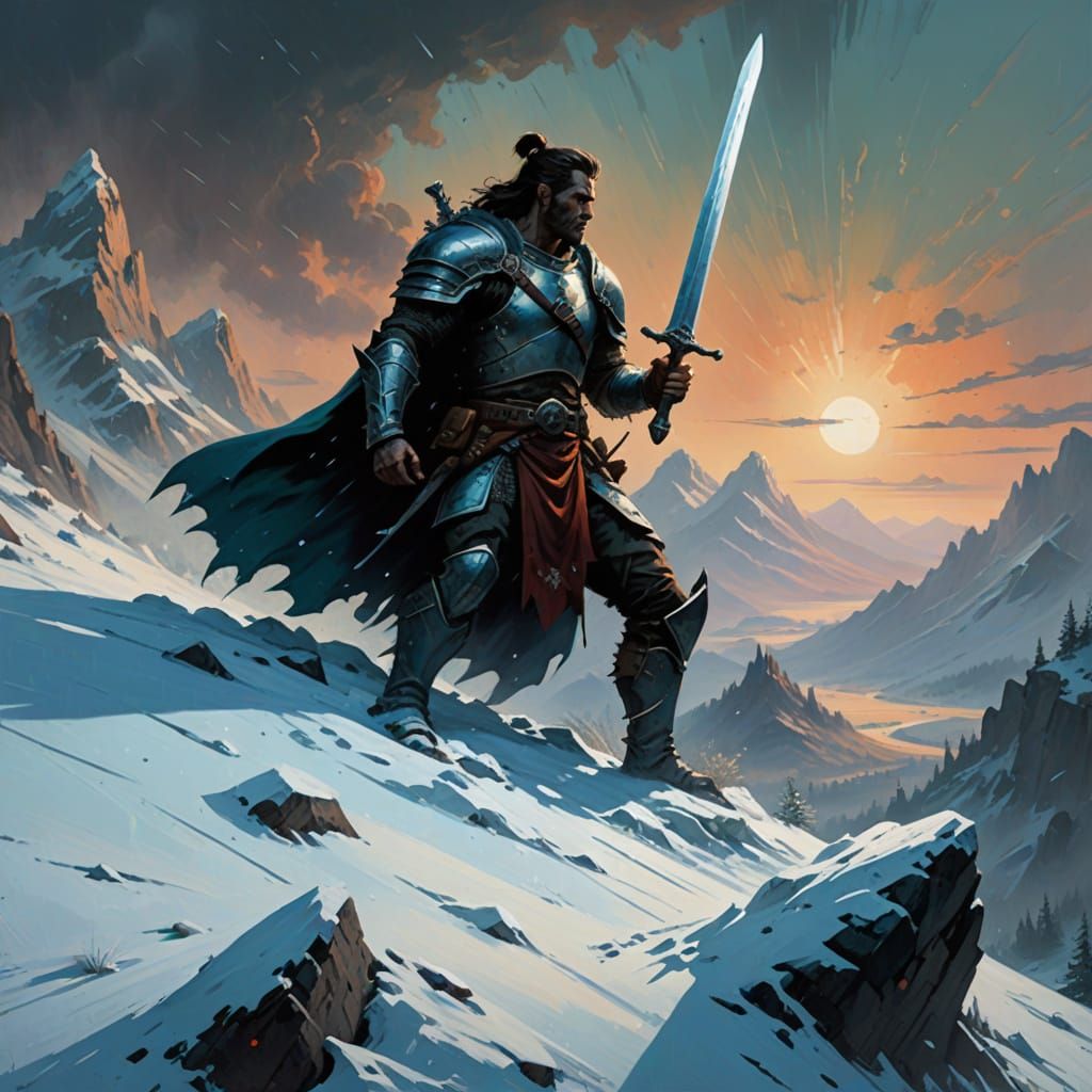 Epic Fantasy Sword Shattered on Snow-Covered Peak in Vibrant...