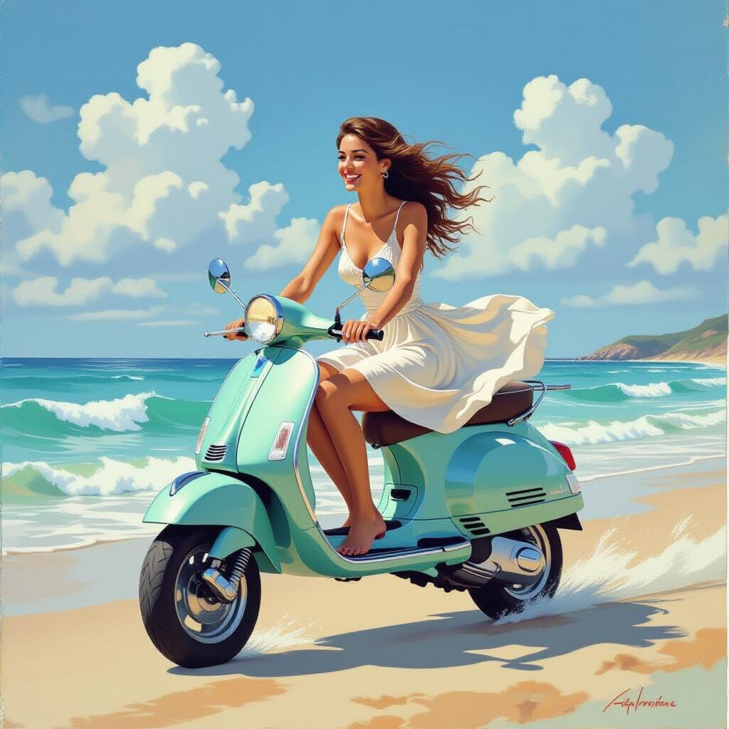 Woman Riding Vespa on Beach in Flowing Dress