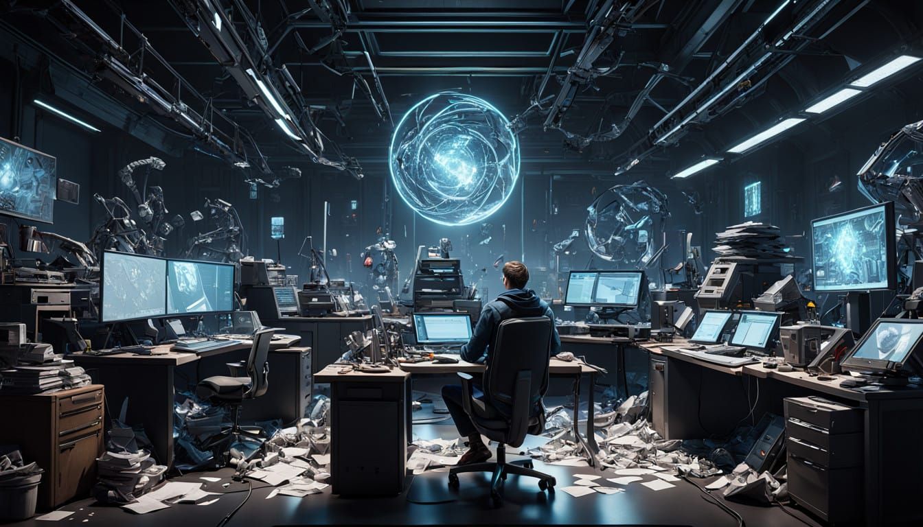 Scientist in Futuristic Laboratory Amidst Chaos