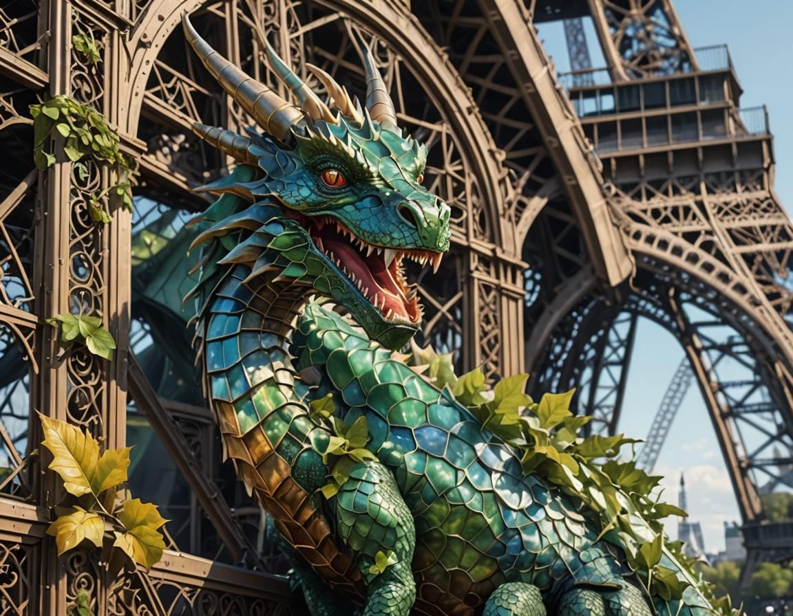 Dragon Climbs Eiffel Tower: Hyperrealistic Photoillustration